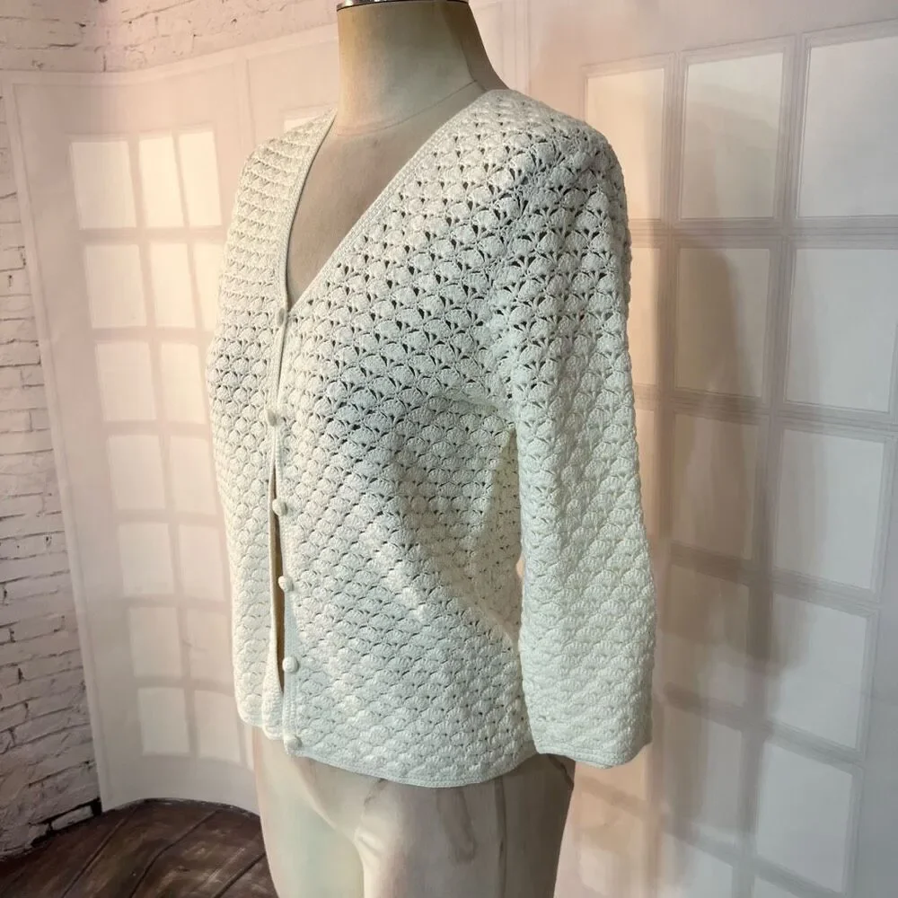 Lauren Ralph Lauren White Exclusive Hand Knit V-Neck Cardigan Petite Medium